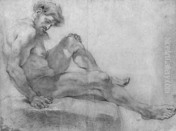 A bearded nude seated on a rock in profile to the right - view 1