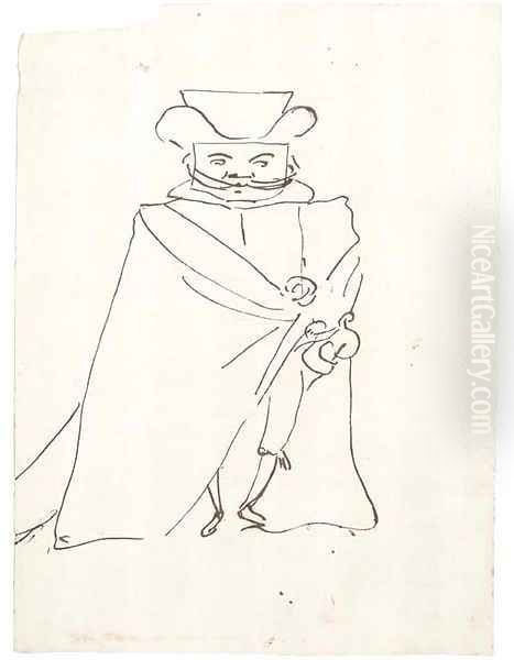 Caricature of a man with long moustaches wearing a hat and a cloak - view 1