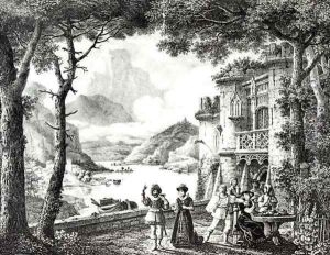 Stage set for Act III of Le Chateau de Loch Leven by Guilbert de Pixerecourt for a performance at the Theatre de la Gaite by Julien-Michel Gue