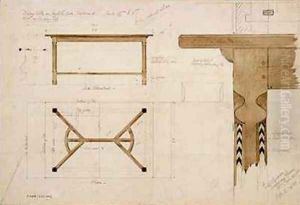 Design for a dining table in English oak darkened with a hayrake stretcher