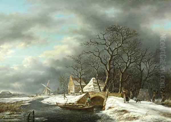 A winter landscape with a woodgatherer crossing a bridge and a peasant in a punter nearby - view 1