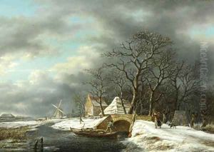 A winter landscape with a woodgatherer crossing a bridge and a peasant in a punter nearby by Gerrit Hendrik Gobell