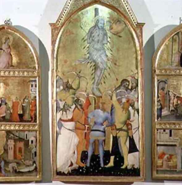The Martyrdom of St Sebastian detail of central panel showing the Saint being shot with arrows - view 1