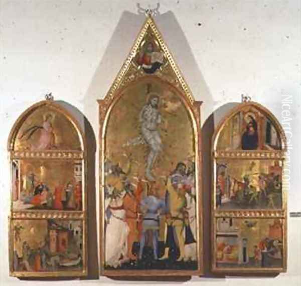 The Martyrdom of St Sebastian Altarpiece central panel showing the martyrdom and side panels showing other scenes from the life of the saint - view 1
