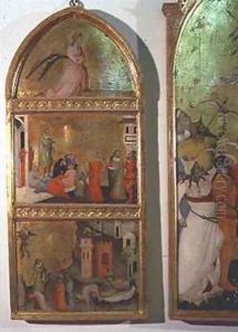 The Martyrdom of St Sebastian Altarpiece side panel showing the Angel Gabriel and scenes from the life of the saint by Niccolo del Biondo Giovanni di