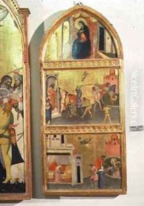The Martyrdom of St Sebastian Altarpiec side panel showing the Virgin and scenes from the martyrdom of the saint by Niccolo del Biondo Giovanni di