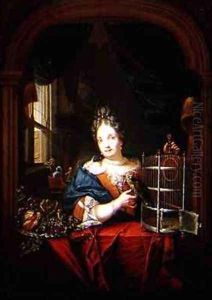 Portrait of a Woman holding a Parrot by Laureys Goubau