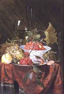 Still life with wild strawberries plums grapes and a lemon on a draped ledge by Nicolaes Van Gelder