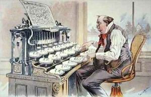The Administration Typewriter cartoon for Judge magazine showing Grover Cleveland constructing his platform for his second term in office by Bernard Gillam