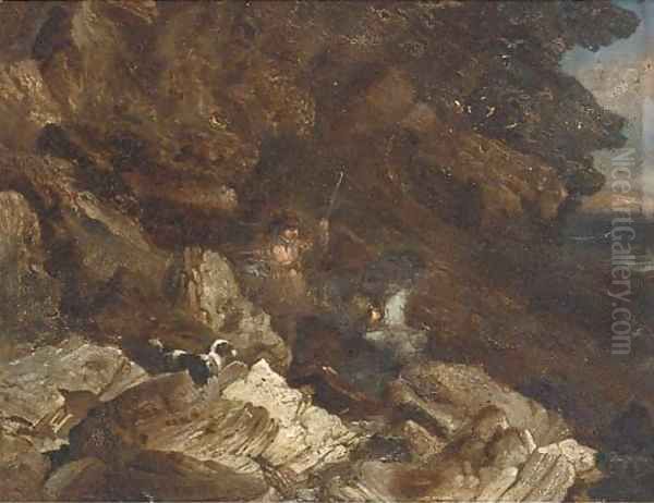 Figures on a rocky beach - view 1