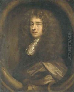 Portrait of a gentleman, bust-length, in a brown cloak, in a sculpted cartouche by John Greenhill