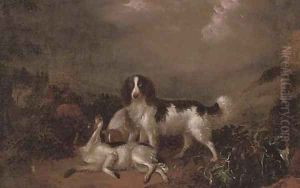 Spaniels playing in a landscape by Adriaen De Gryeff