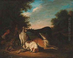 A huntsman and hounds with game resting in a landscape by Adriaen De Gryeff