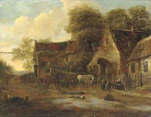 A village landscape with travellers and a wagon by an inn
