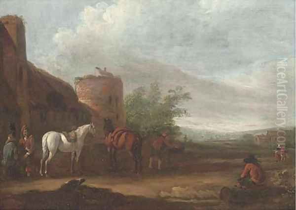 A landscape with travellers at halt in a village - view 1