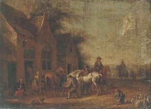 Travellers halted outside an inn by Barent Gael