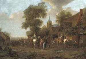 A village fair with travellers outside an inn