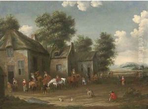 A wooded landscape with a hunting party setting out from an inn by Barent Gael