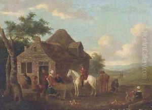 Travellers at halt by a cottage by Barent Gael