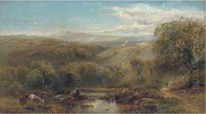 Cattle by a river in an extensive landscape by James B. Goodrich