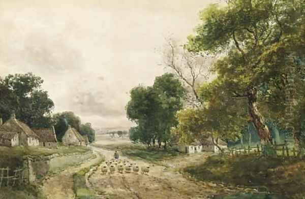 A shepherd with his flock on a wooded track - view 1