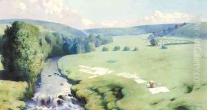 Sheep grazing on the banks of a river by John Glass