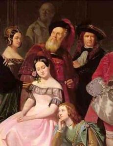 Members of the Comedie Francaise L R Mlle Noblet Mlle Plessis Joanny 1775-1849 in costume of Hernani Mlle Anais Perrier
