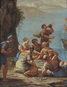 Figures on a shore eating pasta and drinking wine Figures on a shore eating pasta and drinking wine