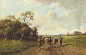 Leading the cattle to the pasture by Adriaan Marinus Geyp