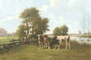 Cattle grazing by a river in summer by Adriaan Marinus Geyp