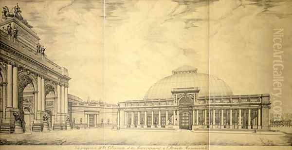 The Triumphal Arch and one of the semicircular colonnaded wings of the Palais du Cinquantenaire - view 1