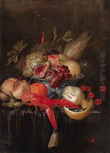 Fruit and a corn cob grapes, pears, peaches, cherries, a corn cob and a figin a blue and white porcelain bowl, a flute of red wine by Jan Pauwel II the Younger Gillemans