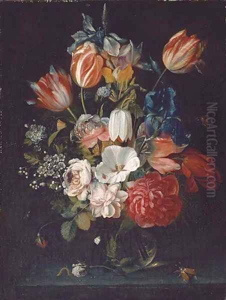 Roses, tulips, irises and other flowers in a glass vase with a rose, a caterpillar and two insects, on a stone ledge - view 1
