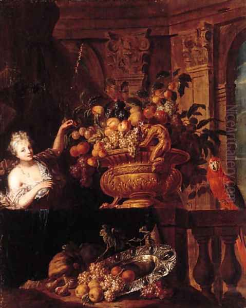 A silver-gilt bowl, grapes, peaches, oranges, figs and a basket of fruit with a monkey and a squirrel on a ledge, with a lady before a portico - view 1