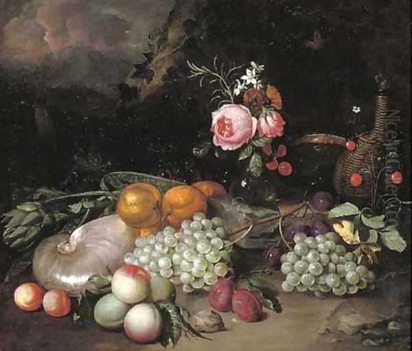 A nautilus shell, an artichoke, oranges, peaches, grapes, a vase with flowers, plums and a bottle in a landscape - view 1