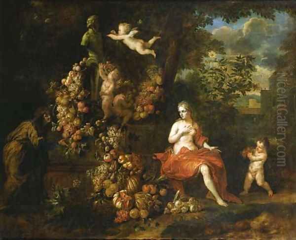 Vertumnus and Pomona, putti decorating a statue of Pan with a swag of fruit, in a landscape - view 1