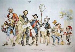 Cartoon depicting The Sliding Scale in political status in the USA featured in Judge