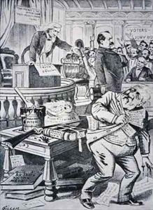 Grover Cleveland 1837-1908 telling the truth about his private life while his opponent James Blaine 1830-93 is portrayed as corrupt by Victor Gillam