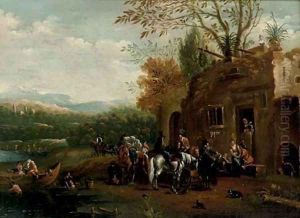 A river landscape with a hawking party at rest outside a tavern by Barend Gael or Gaal