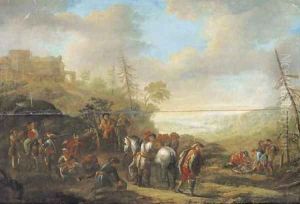 A military encampment with a hilltop fort beyond by Barend Gael or Gaal