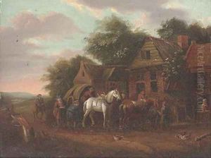 A wooded landscape with travellers at rest by a cottage by Barend Gael or Gaal