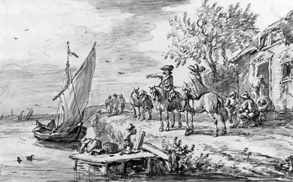 Horsemen outside an inn by an estuary - view 1