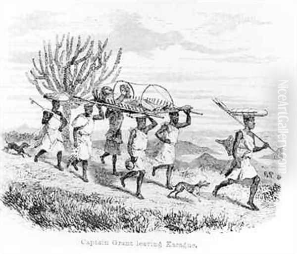 Captain Grant leaving Karague by stretcher - view 1
