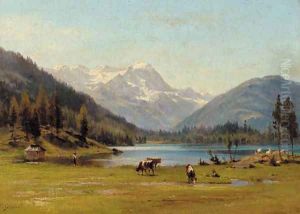 A herdsman and his livestock by an Alpine lake by Johann Joseph Geisser