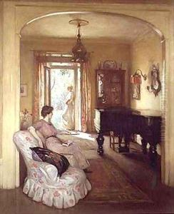 Interior scene with two ladies by Percy William Gibbs