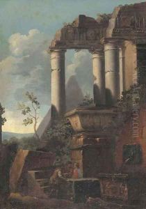Classical ruins and a pyramid with figures conversing by Giovanni Ghisolfi