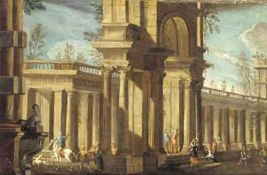 A capriccio of a classical palace with elegant figures by Giovanni Ghisolfi