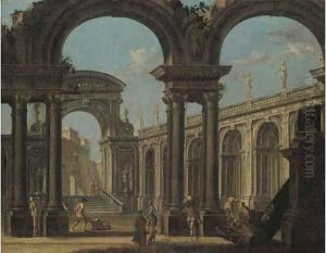 A capriccio of a classical palace with figures by Giovanni Ghisolfi