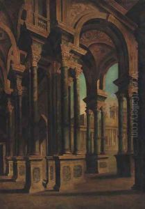 A Capriccio of an arcaded loggia by Giovanni Ghisolfi