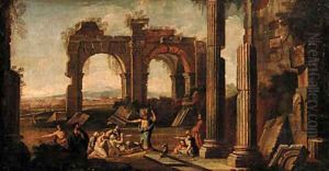 A capriccio of classical ruins with Christ at the Pool of Bethesda by Giovanni Ghisolfi